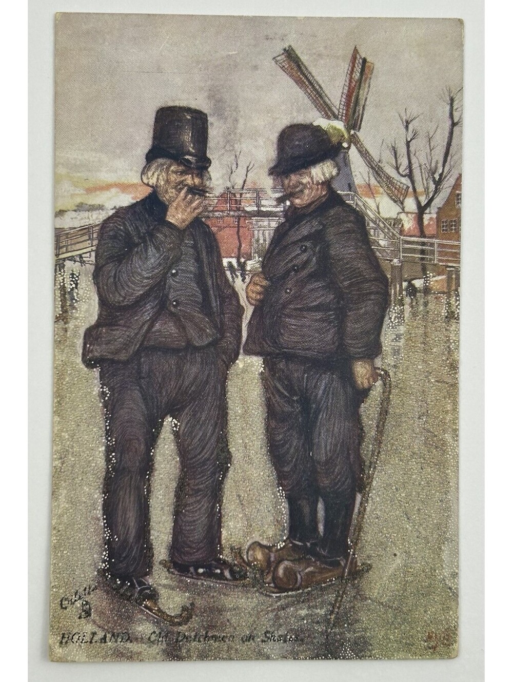 c1910 Vintage Tuck Oilette Postcard Old Dutchmen on Skates Holland       E-12